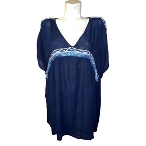 Atmosphere Womens Navy Blue Boho Fringe Embroidered V-Neck Kaftan Tunic Top L